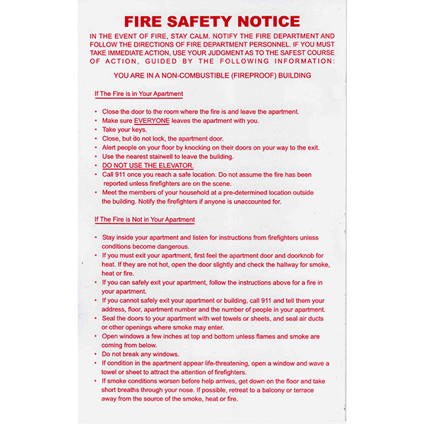 SIGN - FIRE SAFETY NON-COMBUSTIBLE